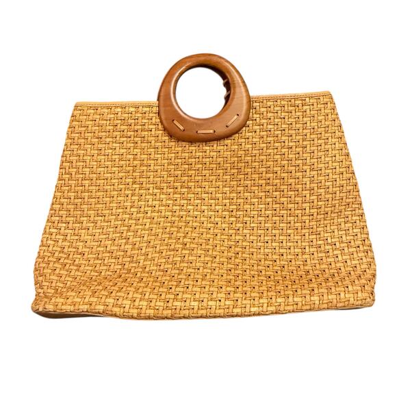 Fossil 75082 Brown Woven Straw Wood Key Charm Tote Handle Bag w crossbody strap - Picture 2 of 5